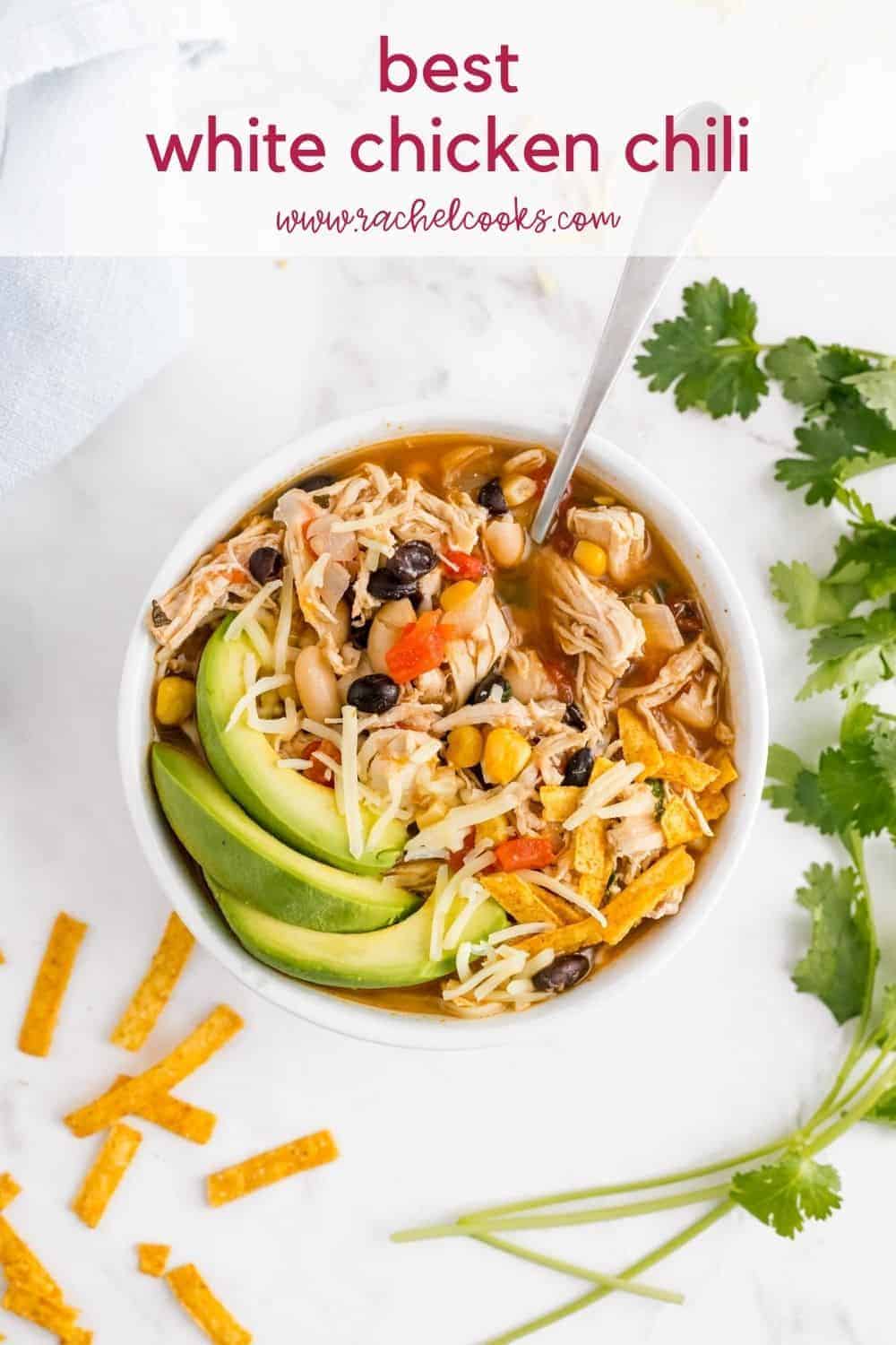 Overhead view of chicken chili, with text overlay.