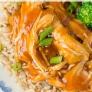 Chicken, rice and broccoli on a plate, text overlay reads "Instant pot honey sriracha chicken, rachelcooks.com"