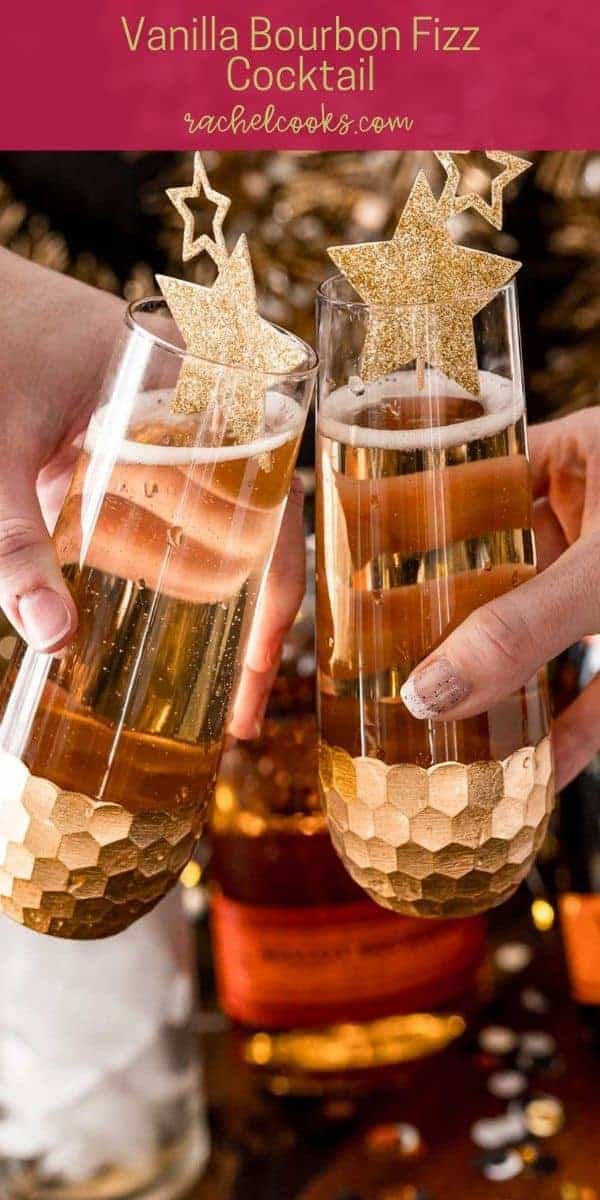 Two festive drinks in stemless champagne glasses, text overlay reads "vanilla bourbon fizz cocktail, rachelcooks.com"