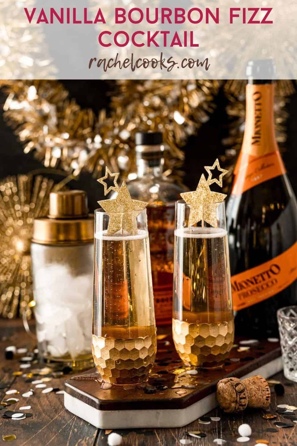 Two festive drinks in stemless champagne glasses, text overlay reads "vanilla bourbon fizz cocktail, rachelcooks.com"
