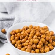 Chickpeas in a bowl, text overlay reads "air fryer crispy chickpeas, rachelcooks.com"