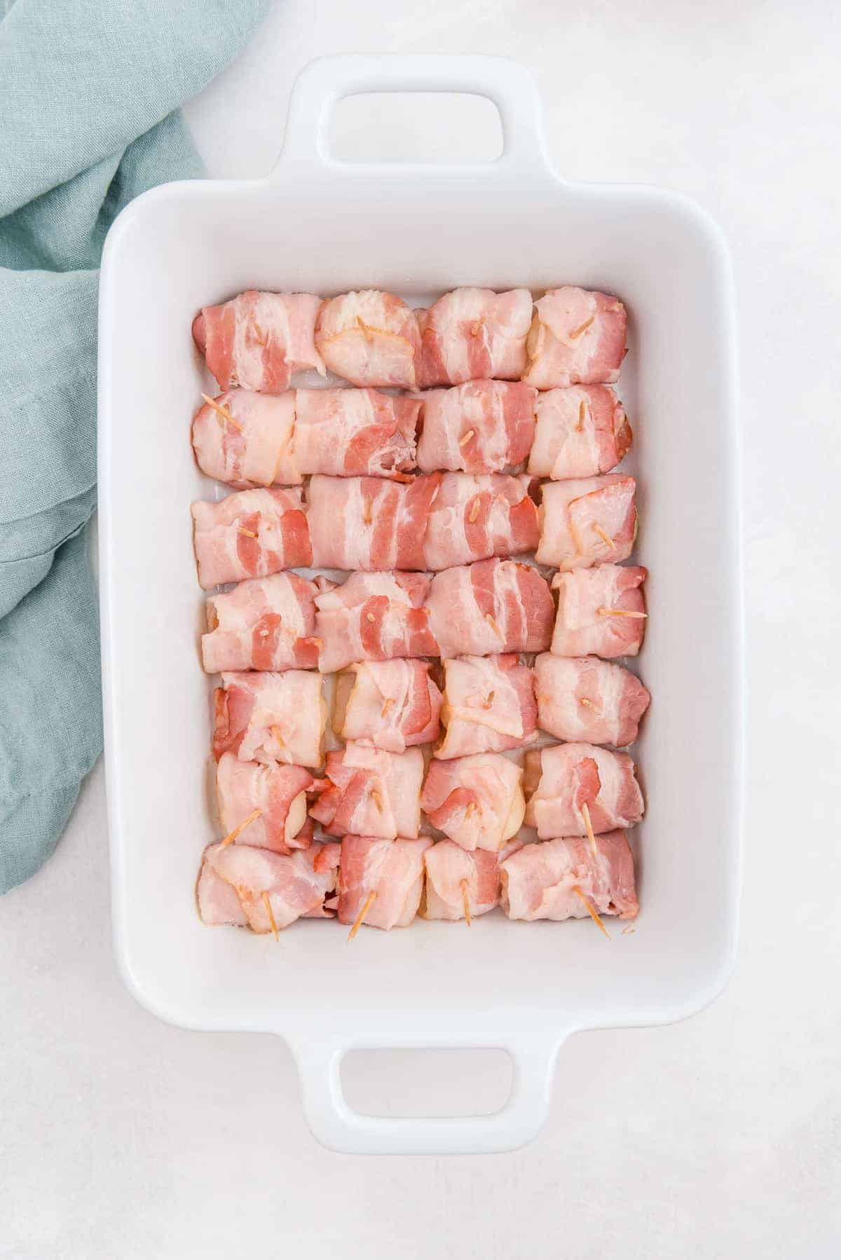 Bacon wrapped water chestnuts, not fully cooked