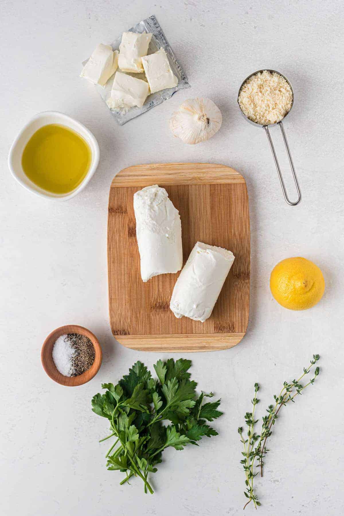 Ingredients needed for goat cheese dip, overhead view.