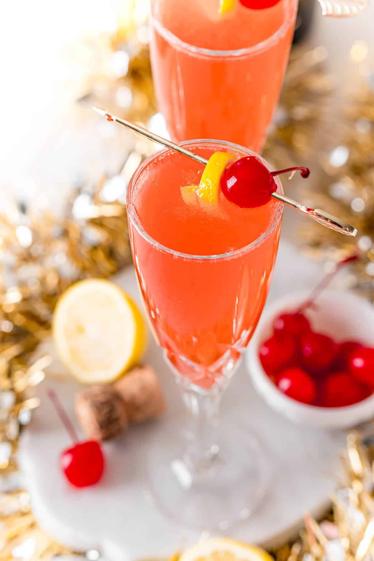 Close up overhead view of a cherry cocktail.