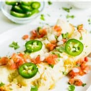 Enchiladas with toppings, text overlay reads "shortcut chicken enchiladas verde, rachelcooks.com"