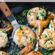 Cooked shrimp in a pan, text overlay reads "the best lemon pepper shrimp, rachelcooks.com"