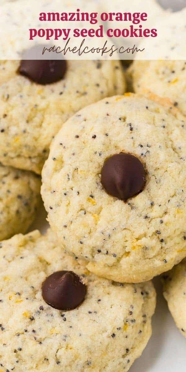 Cookies with orange and poppy seeds, text overlay reads "amazing orange poppy seed cookies, rachelcooks.com"