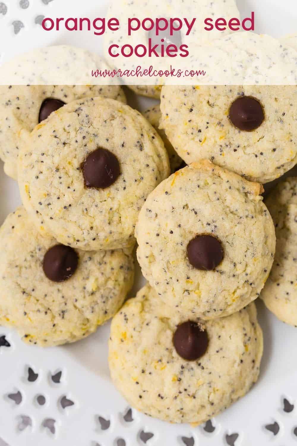 Cookies with orange and poppy seeds, text overlay reads "orange poppy seed cookies, rachelcooks.com"