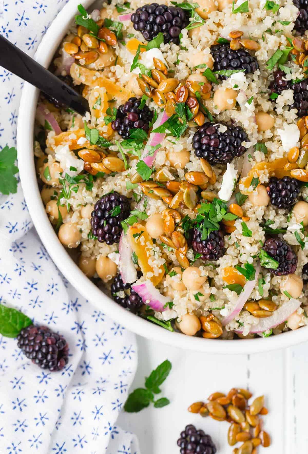 Overhead view of a colorful quinoa salad.