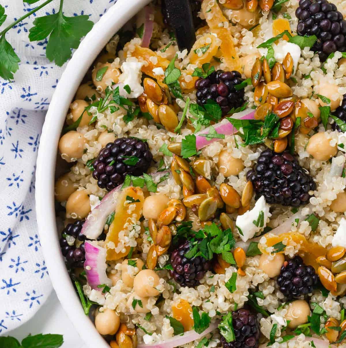 Quinoa and chickpea salad, very close up view to show texture.