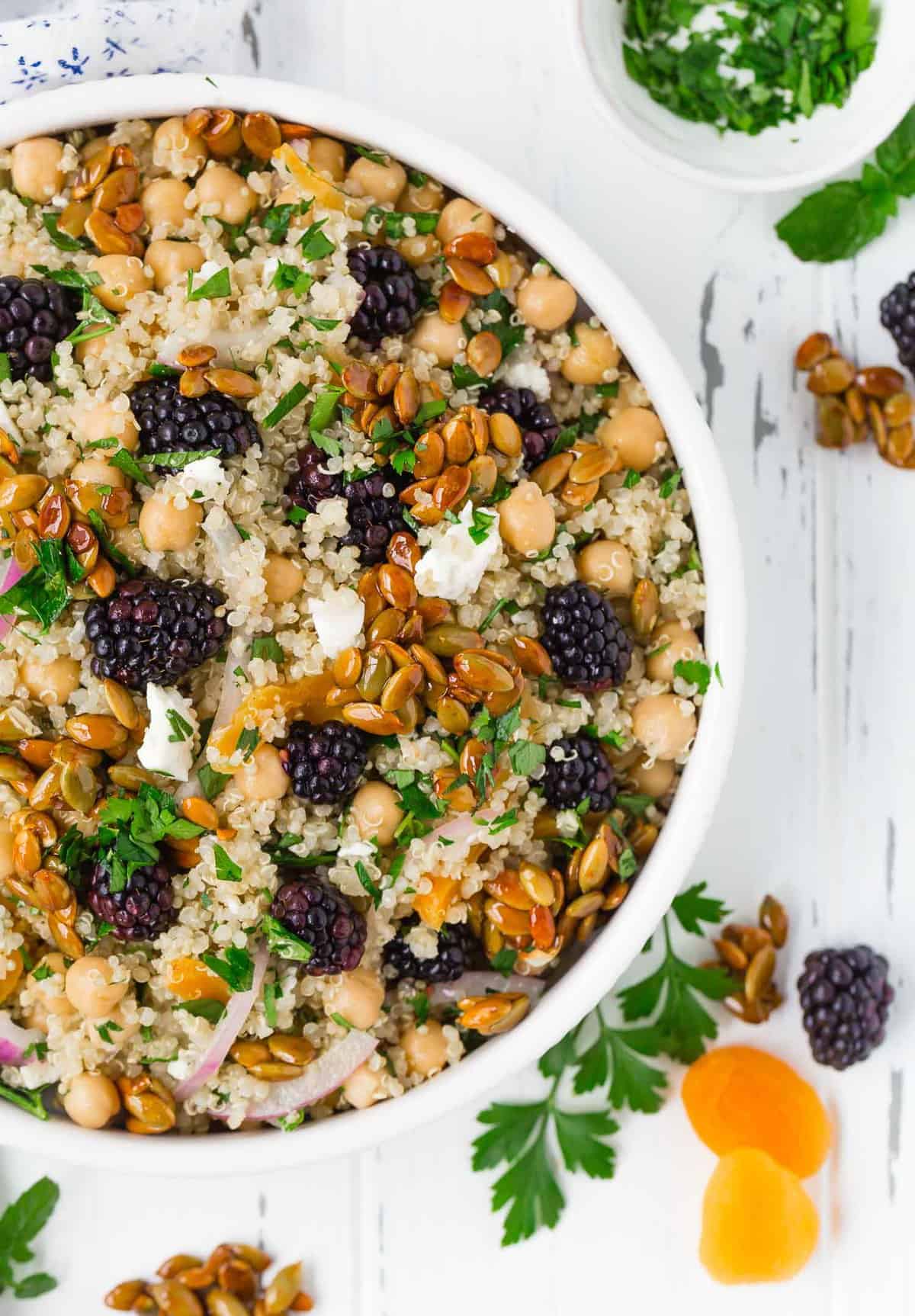 Close up of a quinoa and chickpea salad with pepitas, blackberries, apricots, and feta.