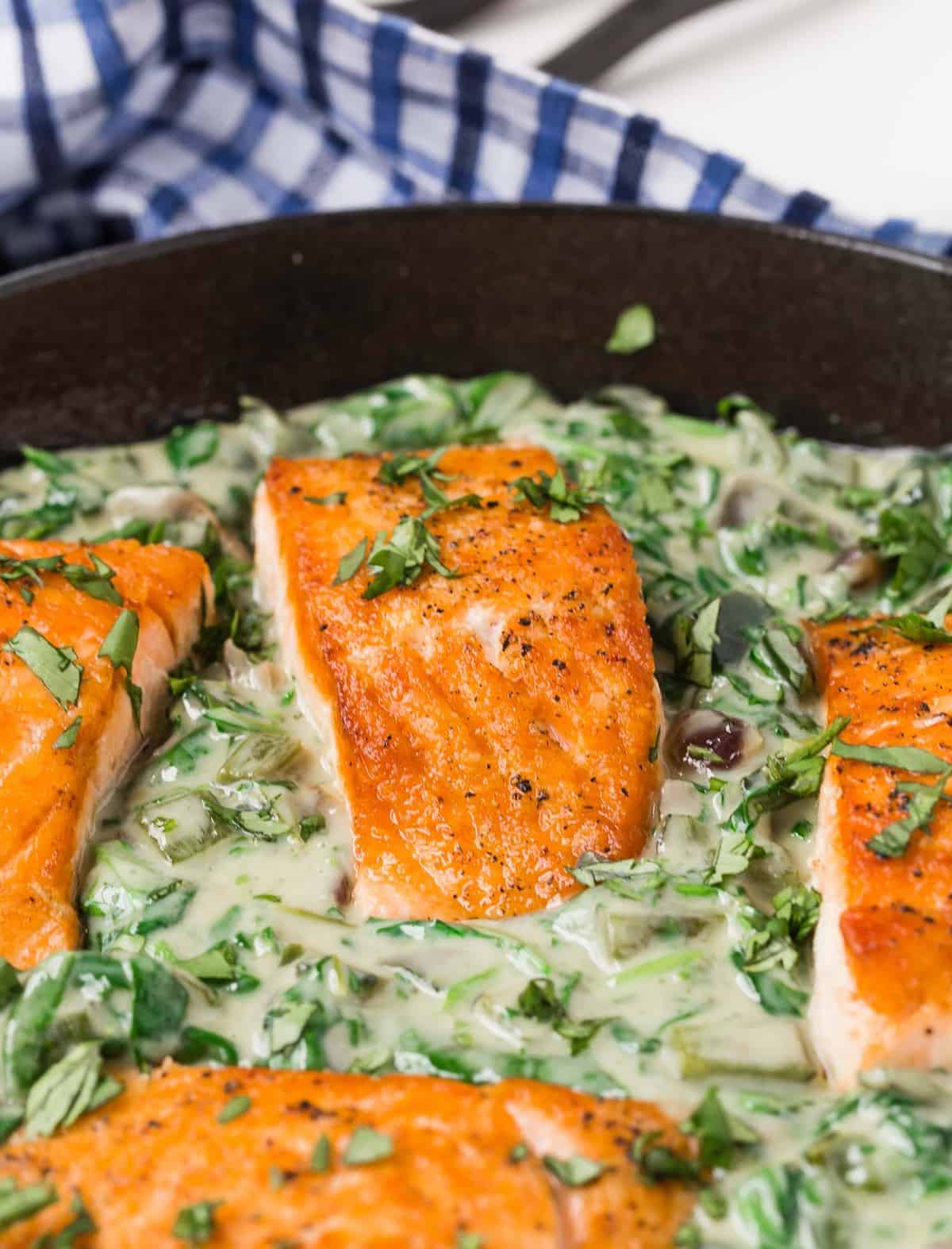 Four fillets of salmon in a skillet with poblano cream sauce.