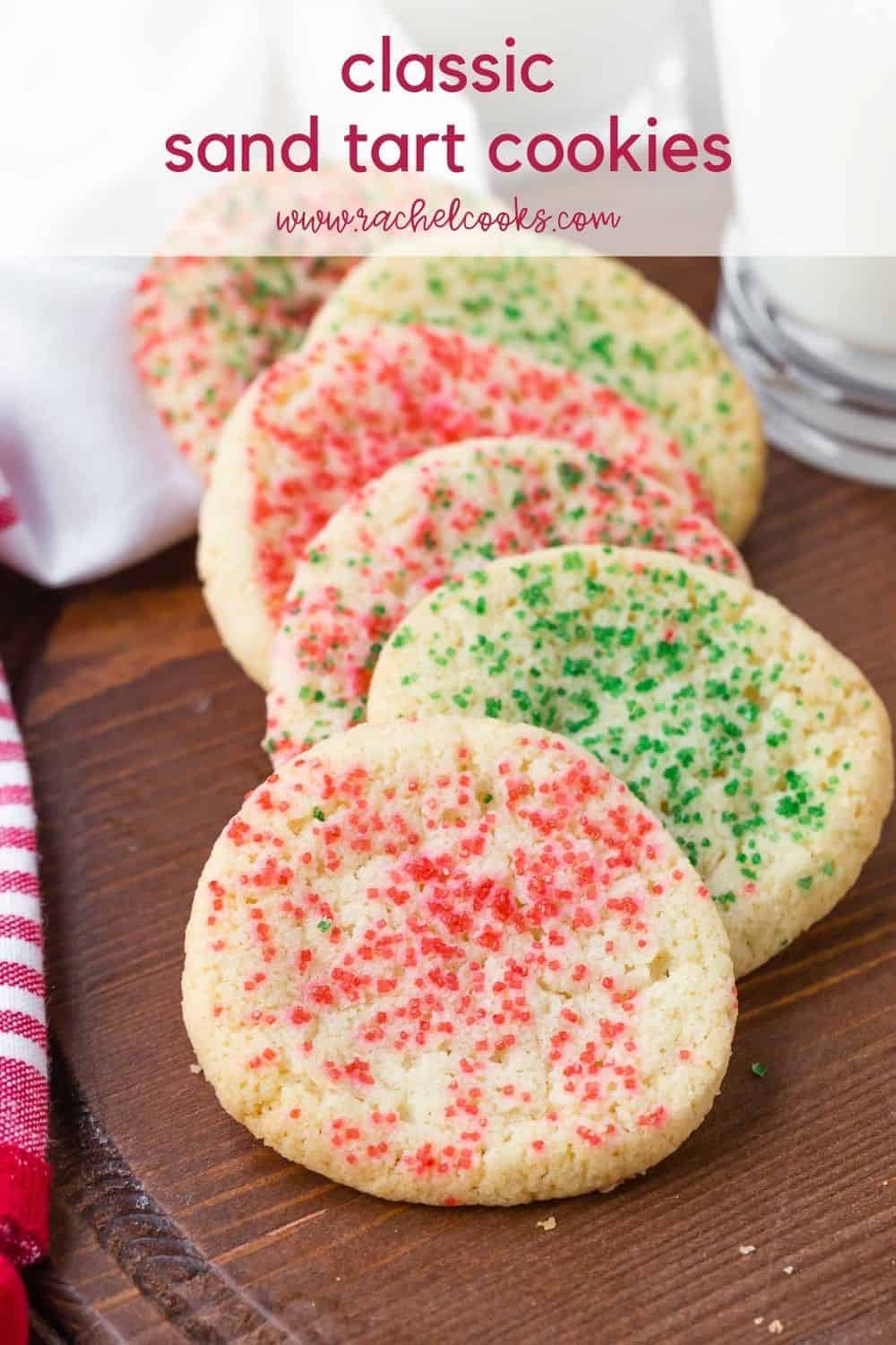 Cookies on a brown wood tray, text overlay reads "classic sand tart cookies, www.rachelcooks.com"