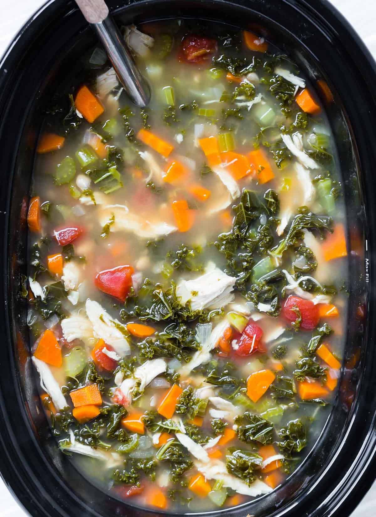 Healthy soup in a slow cooker with a ladle.