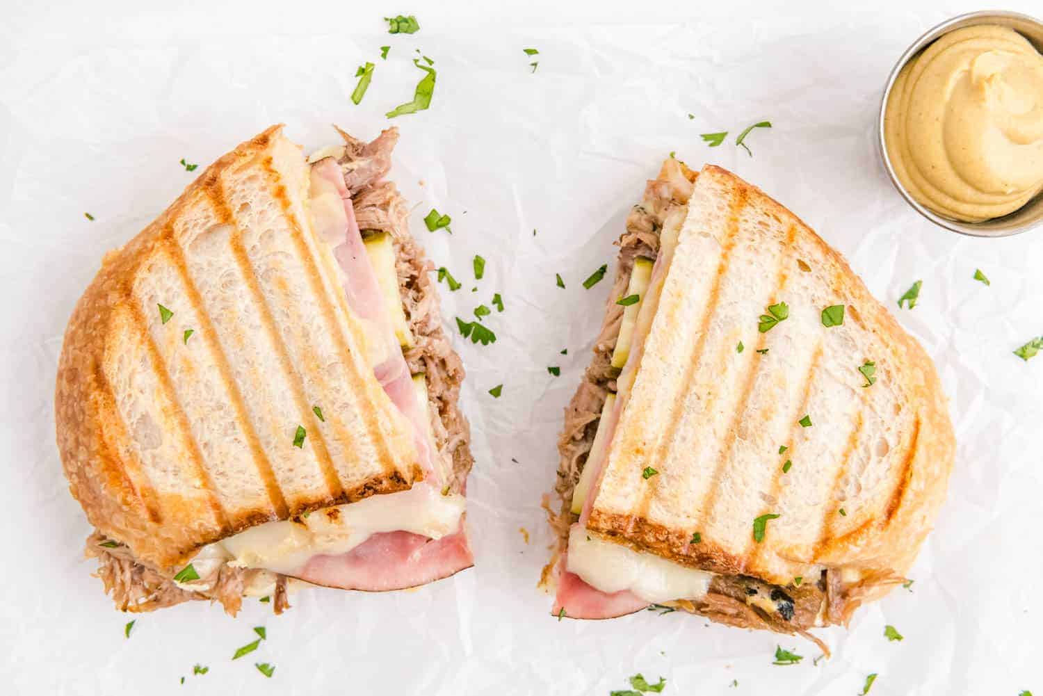 Sandwich, split into two halves.