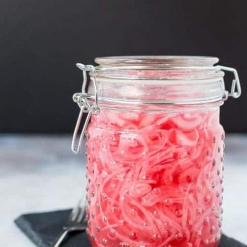 Pickled Red Onions in glass jar