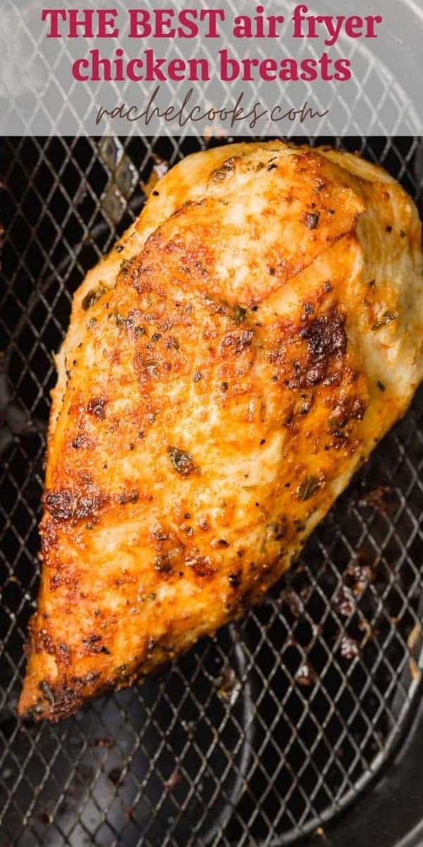 Cooked chicken, text overlay reads "air fryer chicken breasts, rachelcooks.com"