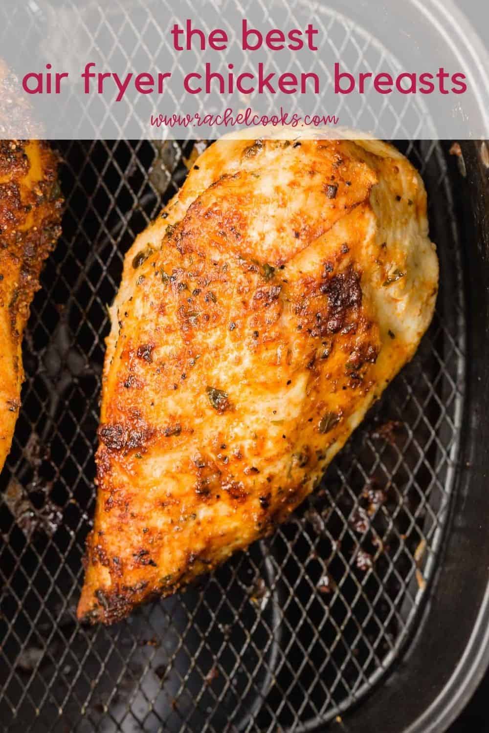 Chicken, text overlay reads "air fryer chicken breasts, rachelcooks.com"