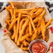 Overhead view of fries, text overlay reads "air fryer sweet potato fries, rachelcooks.com"