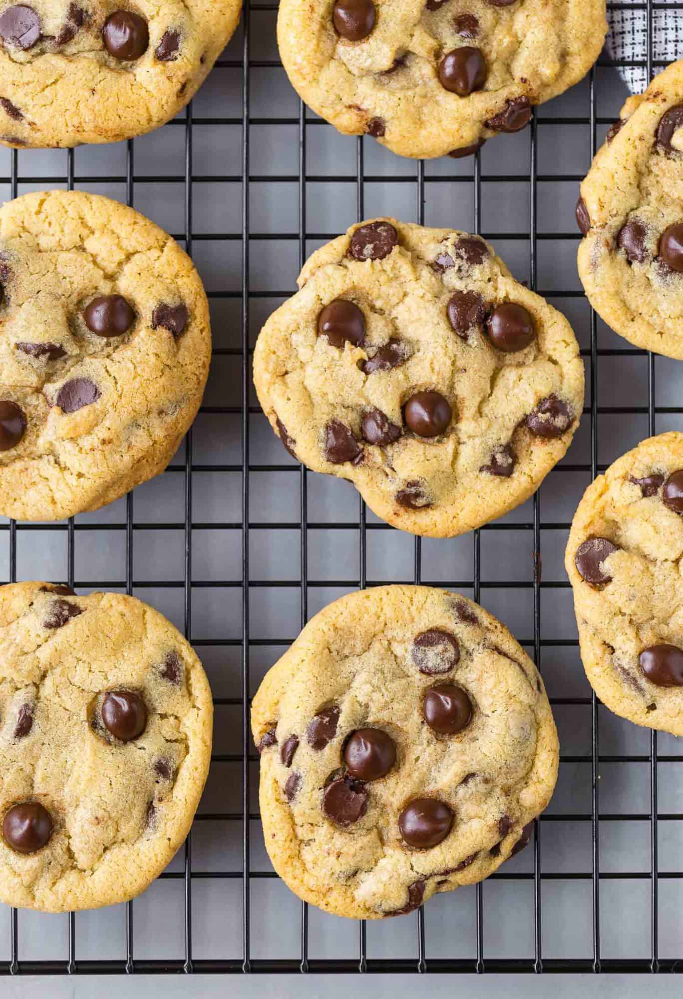 Close-up image of chewy chocolate chip cookies on a cooling rack.