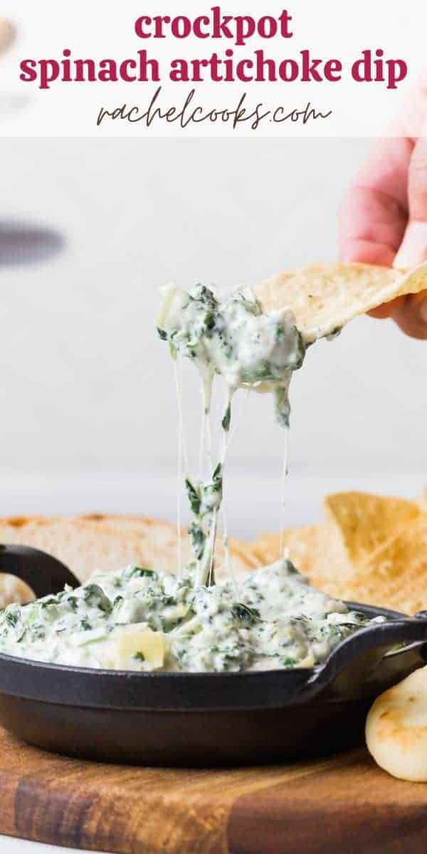 Spinach dip in a black dish, text overlay reads "crockpot spinach artichoke dip, rachelcooks.com"