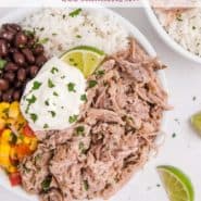 Burrito bowl with pork, beans, and rice, text overlay reads "crockpot cuban pork, rachelcooks.com"