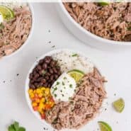 Burrito bowl with pork, beans, and rice, text overlay reads "crockpot cuban pork, rachelcooks.com"