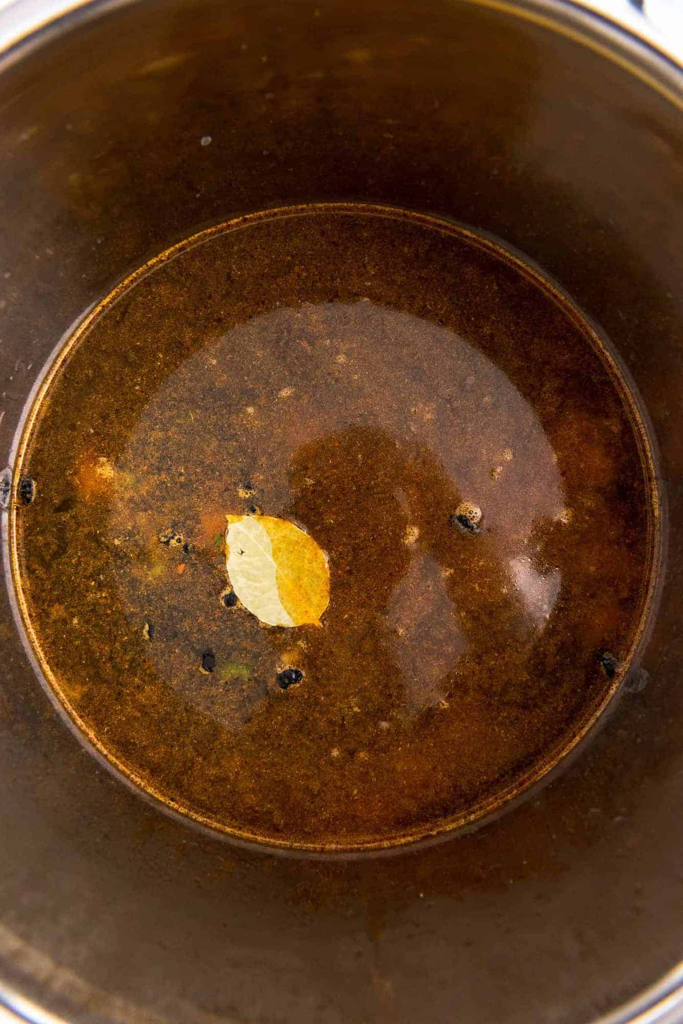 Overhead view of black bean soup prior to cooking.