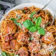 Pasta in a white bowl, text overlay reads "Instant Pot Spaghetti and Meatballs, rachelcooks.com"