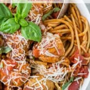 Pasta in a white bowl, text overlay reads "Instant Pot Spaghetti and Meatballs, rachelcooks.com"
