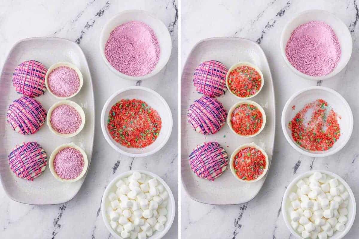 Pop rocks hot cocoa bombs being assembled.