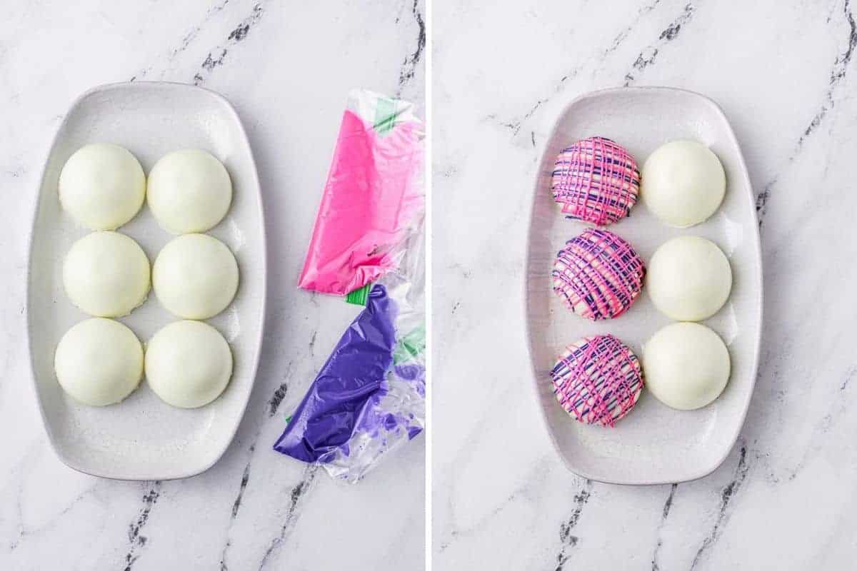 Half sphere chocolate molds coated in drizzles of pink and purple candy melts.
