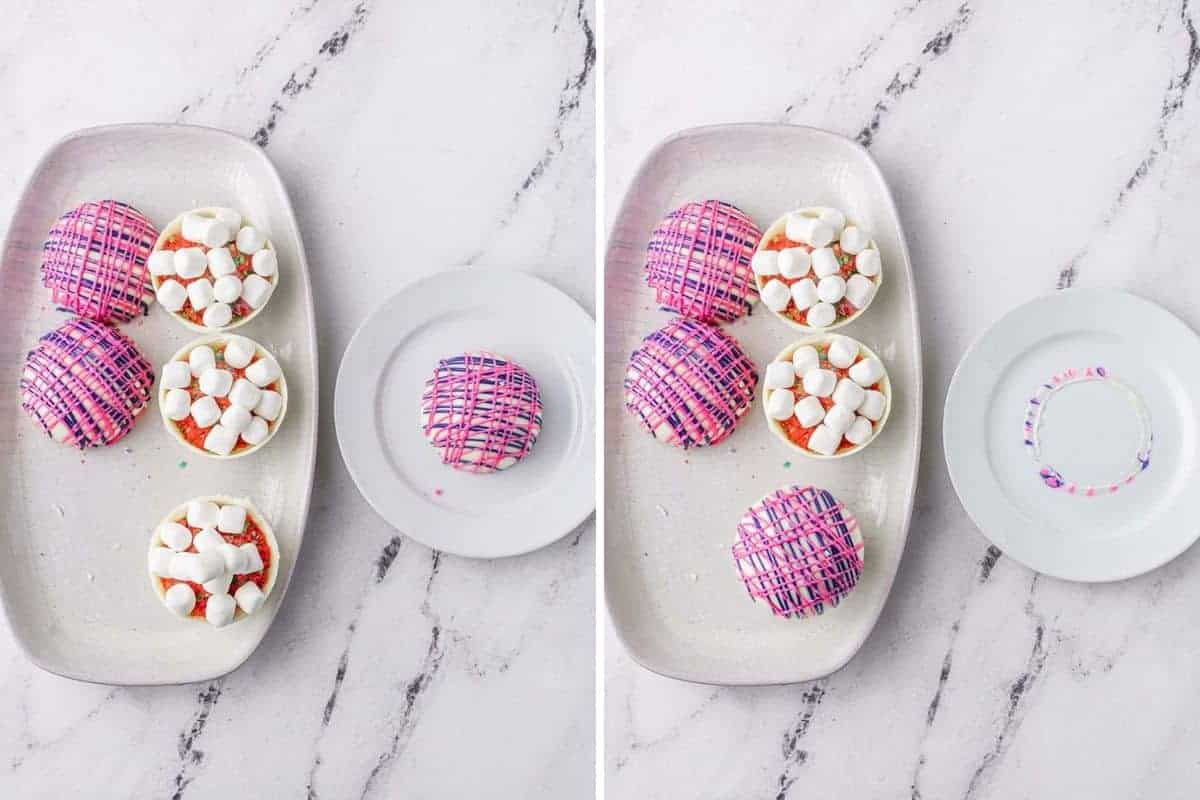 Two images of hot cocoa bombs being sealed.