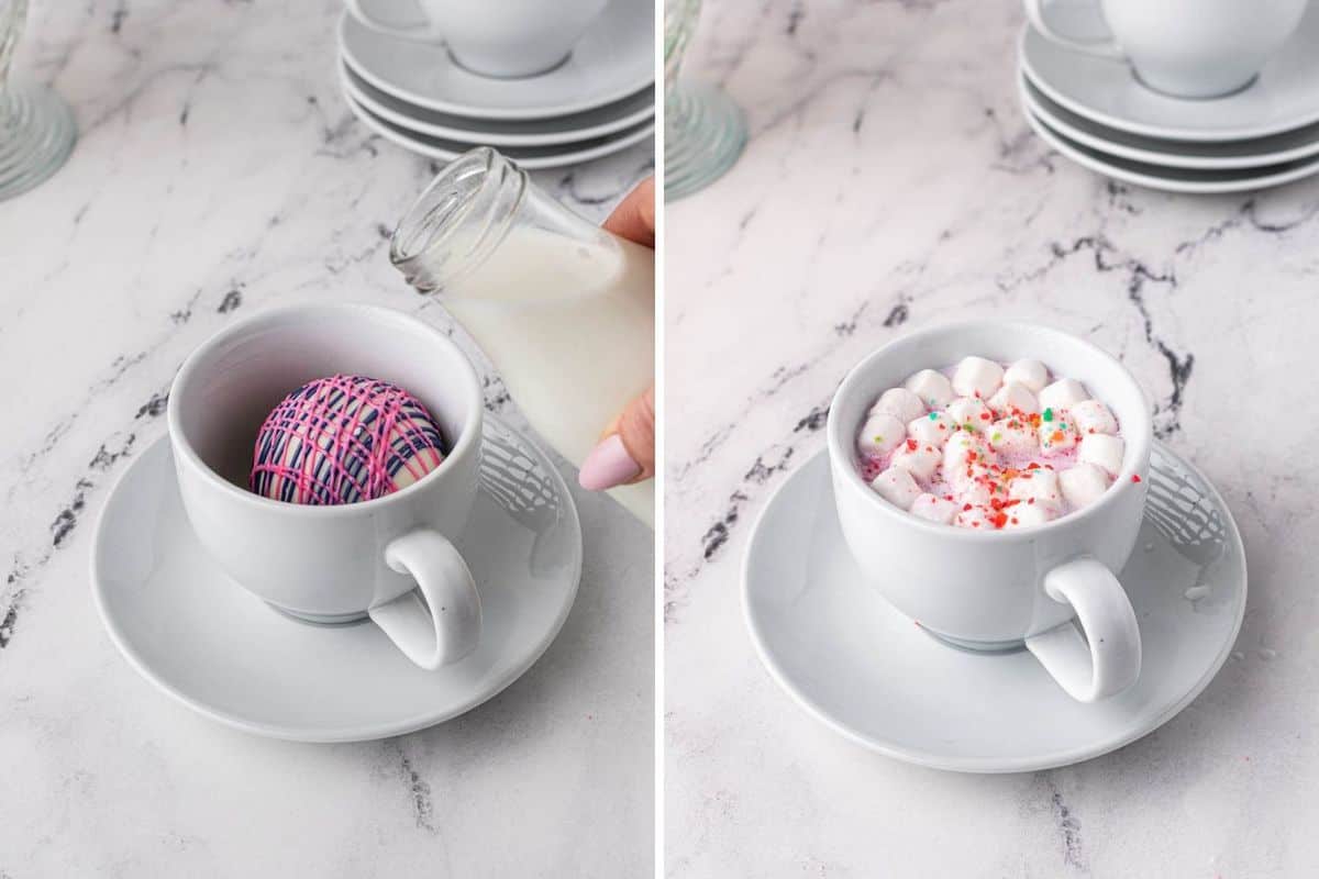 Two side-by-side images, one of a cocoa bomb in a cup and one of purple colored hot chocolate in a mug.