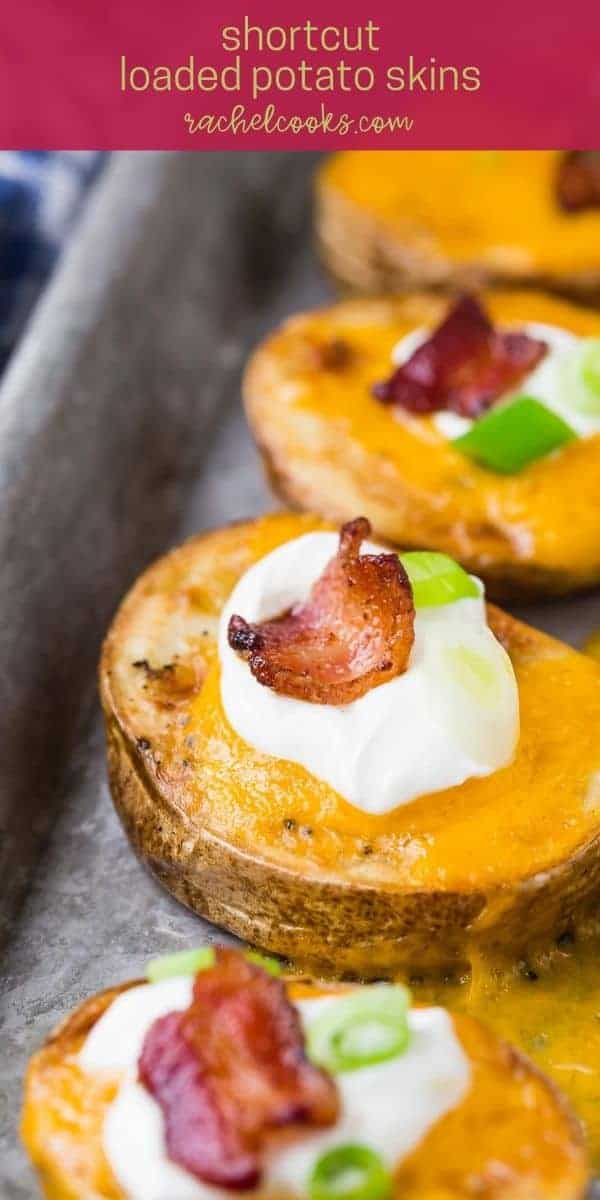 Potato slices on a baking sheet, text overlay reads "shortcut loaded potato skins, rachelcooks.com"