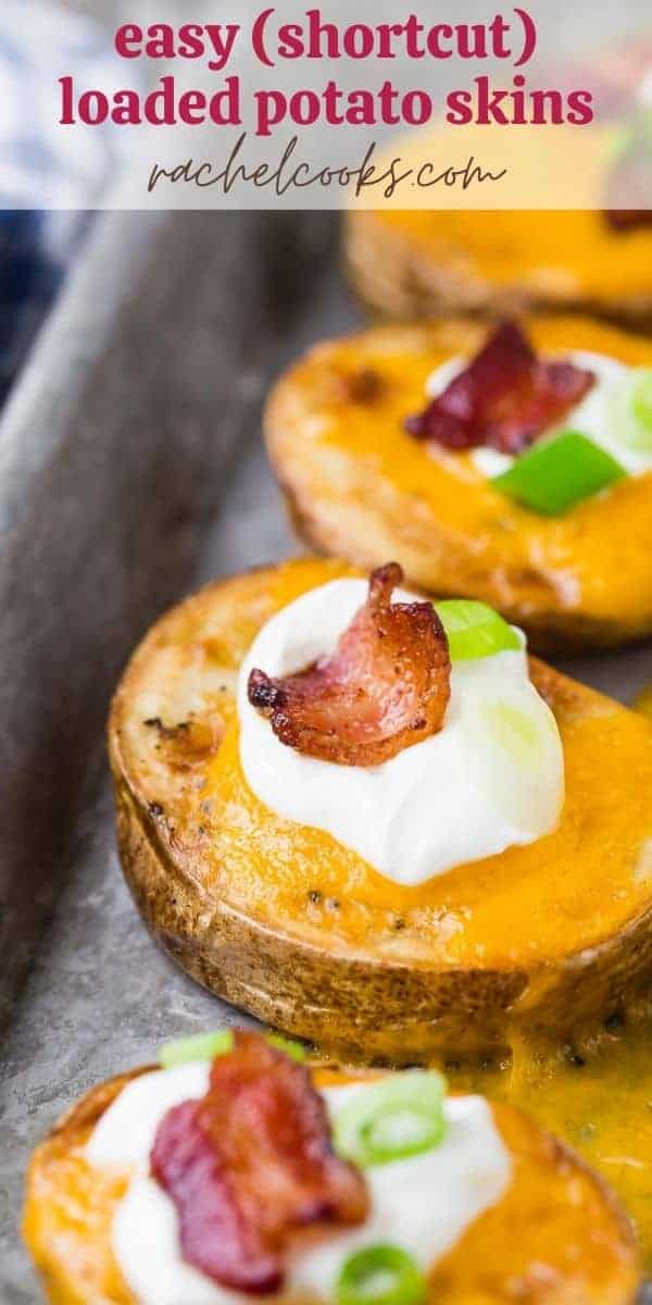 Potato slices on a baking sheet, text overlay reads "shortcut loaded potato skins, rachelcooks.com"