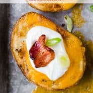 Potato slices on a baking sheet, text overlay reads "shortcut loaded potato skins, rachelcooks.com"