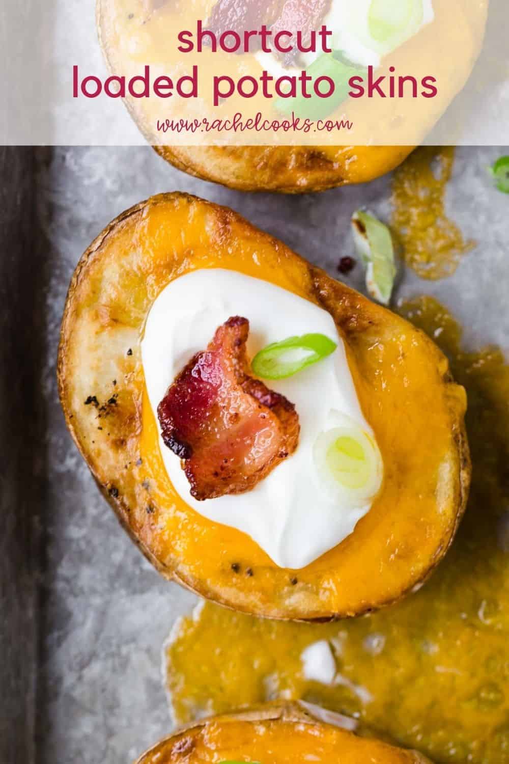 Potato slices on a baking sheet, text overlay reads "shortcut loaded potato skins, rachelcooks.com"