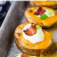 Potato slices on a baking sheet, text overlay reads "shortcut loaded potato skins, rachelcooks.com"