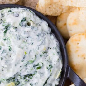 Close up of spinach artichoke dip.