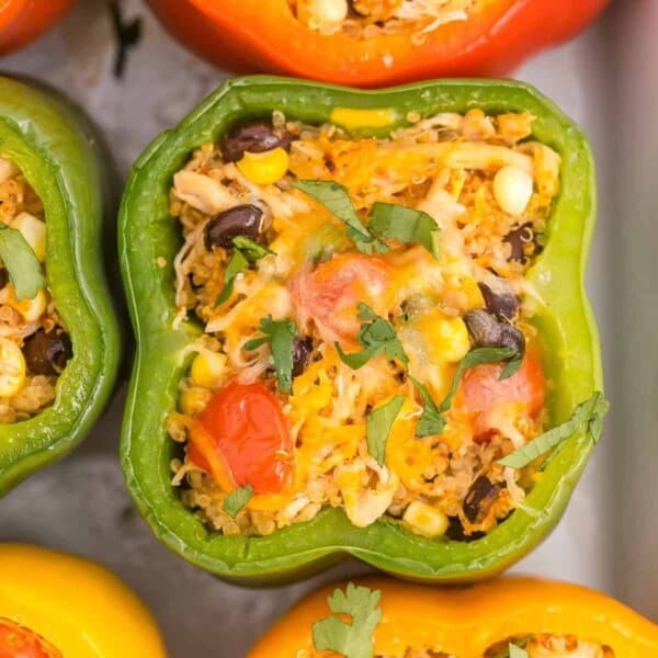 Overhead view of a green bell pepper stuffed with quinoa, chicken, black beans and more.