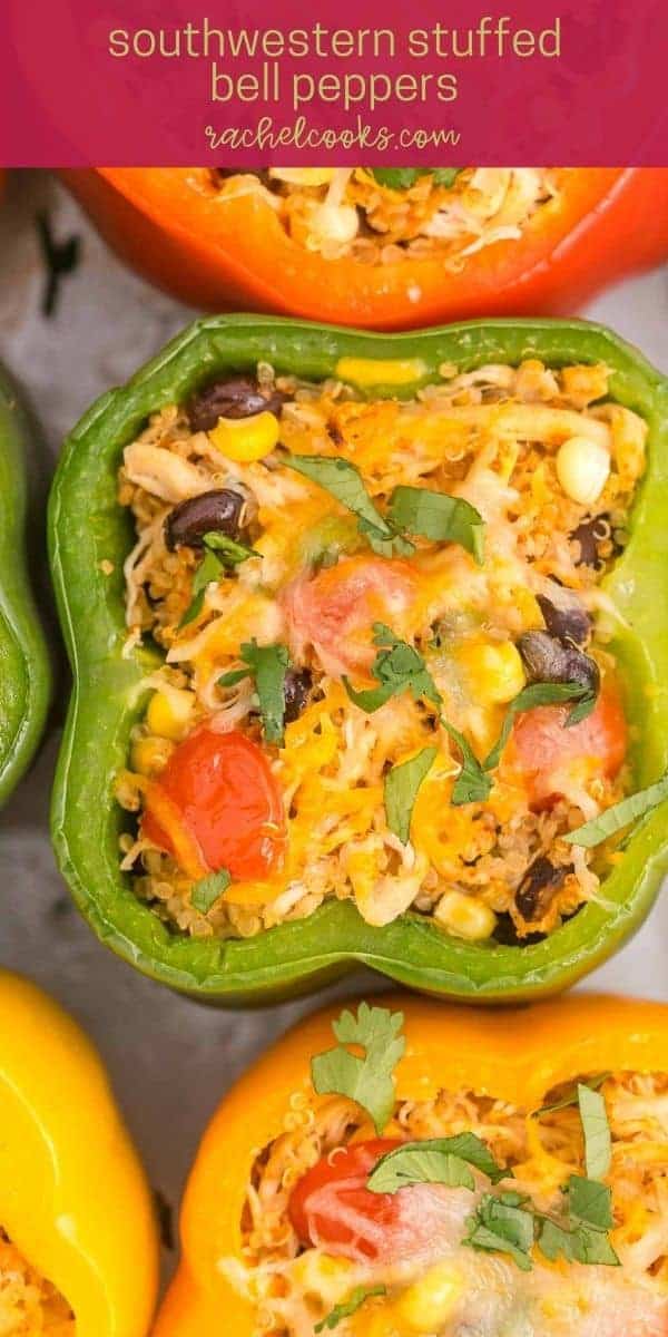 A stuffed pepper in a pan, text overlay reads "southwestern stuffed bell peppers with quinoa, rachelcooks.com"