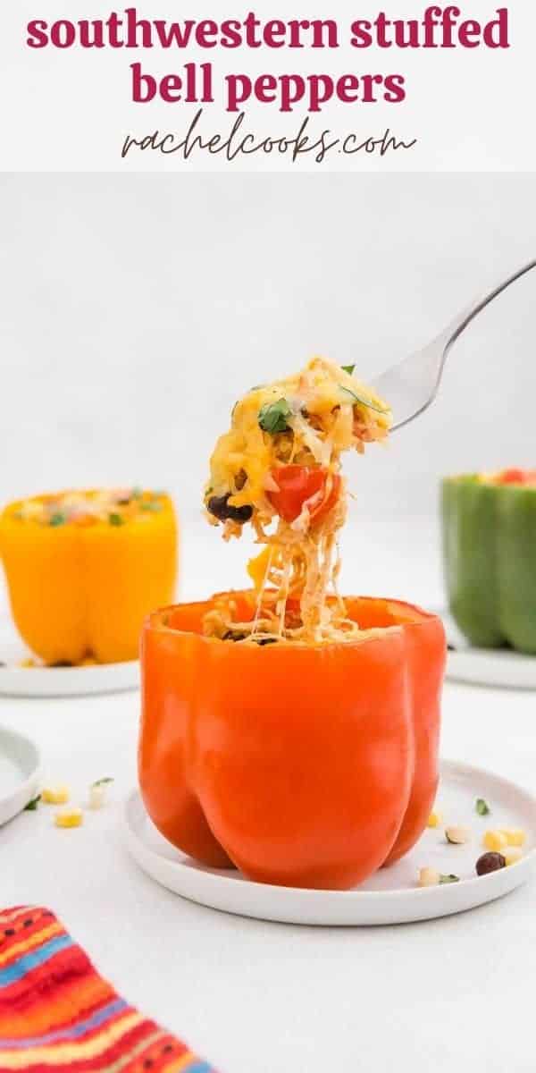 A stuffed pepper on a white plate, text overlay reads "southwestern stuffed bell peppers with quinoa, rachelcooks.com"