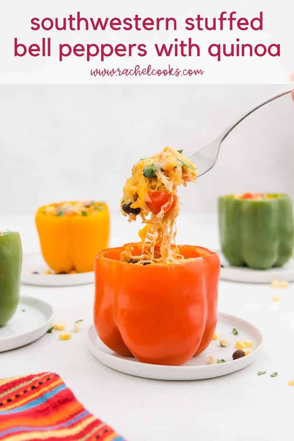 A stuffed pepper on a white plate, text overlay reads "southwestern stuffed bell peppers with quinoa, rachelcooks.com"