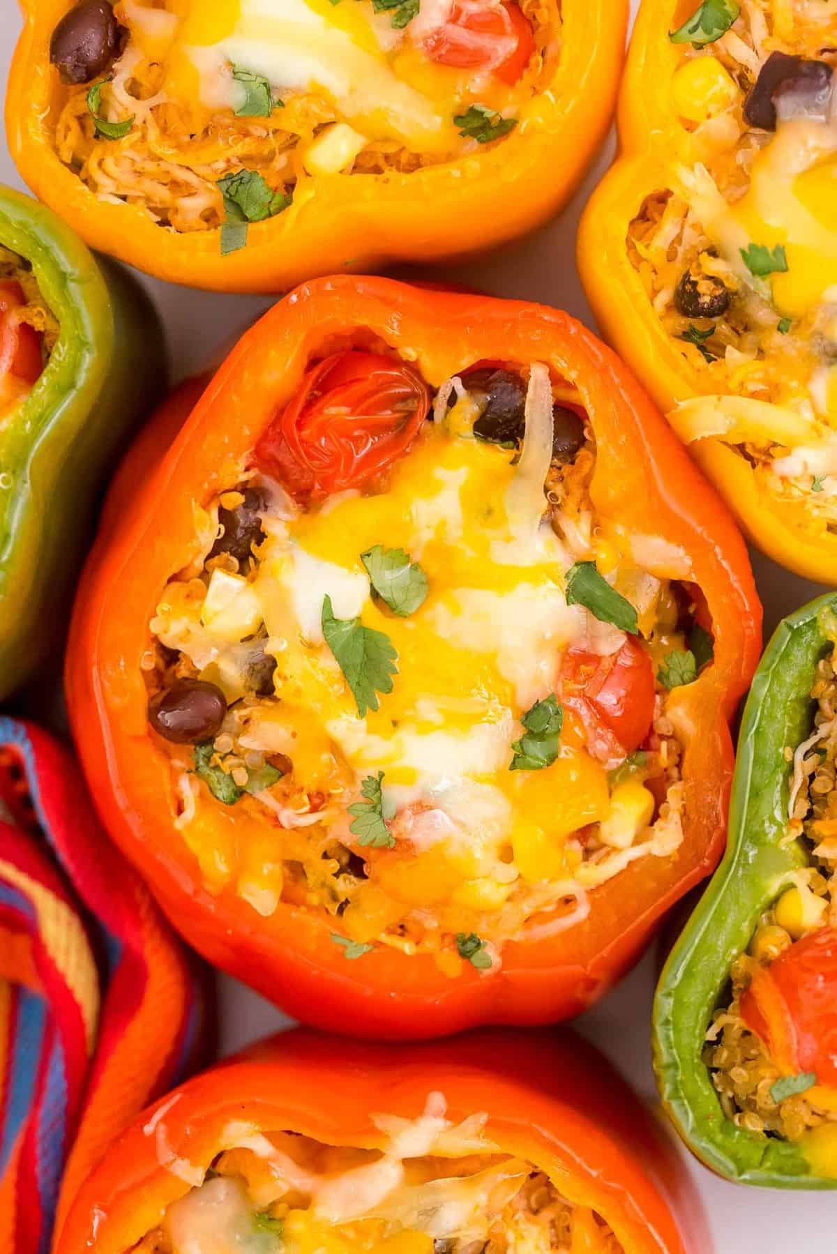 Close up overhead view of bell peppers stuffed with quinoa, chicken, black beans, tomatoes, and cheese.