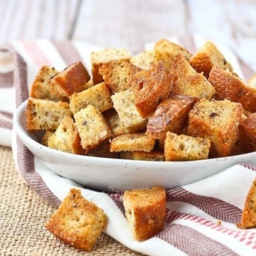 croutons on white plate
