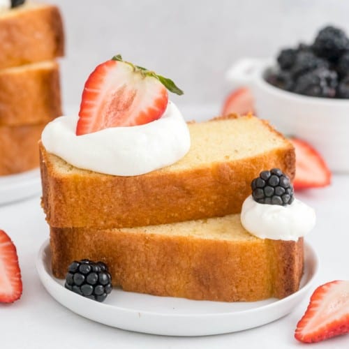 Pound cake layered with berries and whipped cream.