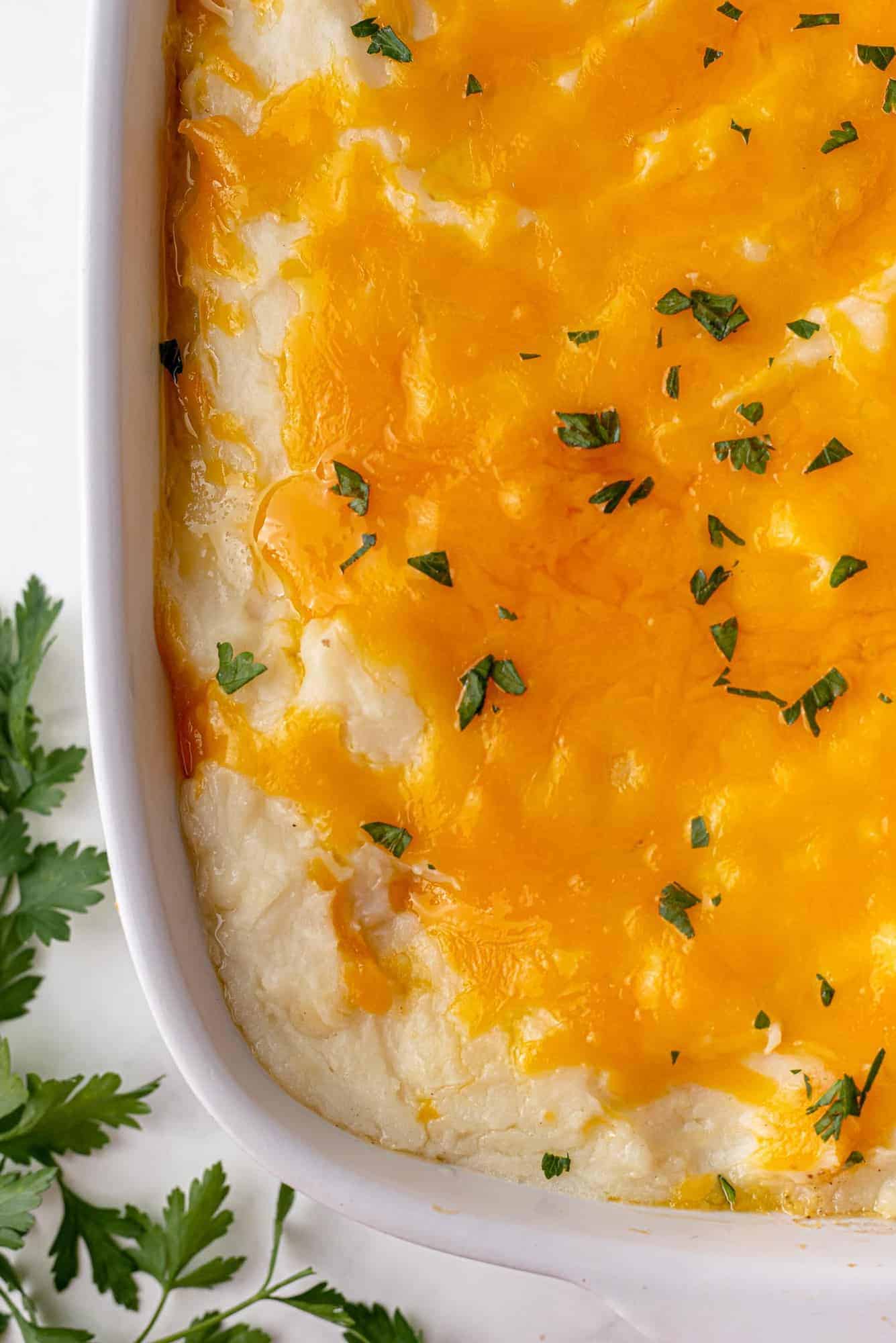 Baked cheese-topped shepherd pie.