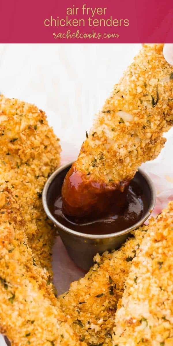 Breaded chicken in a basket, text overlay reads "air fryer chicken tenders, rachelcooks.com"