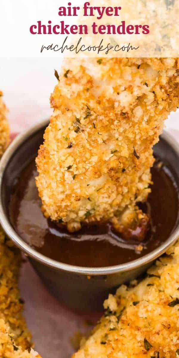 Breaded chicken in a basket, text overlay reads "air fryer chicken tenders, rachelcooks.com"